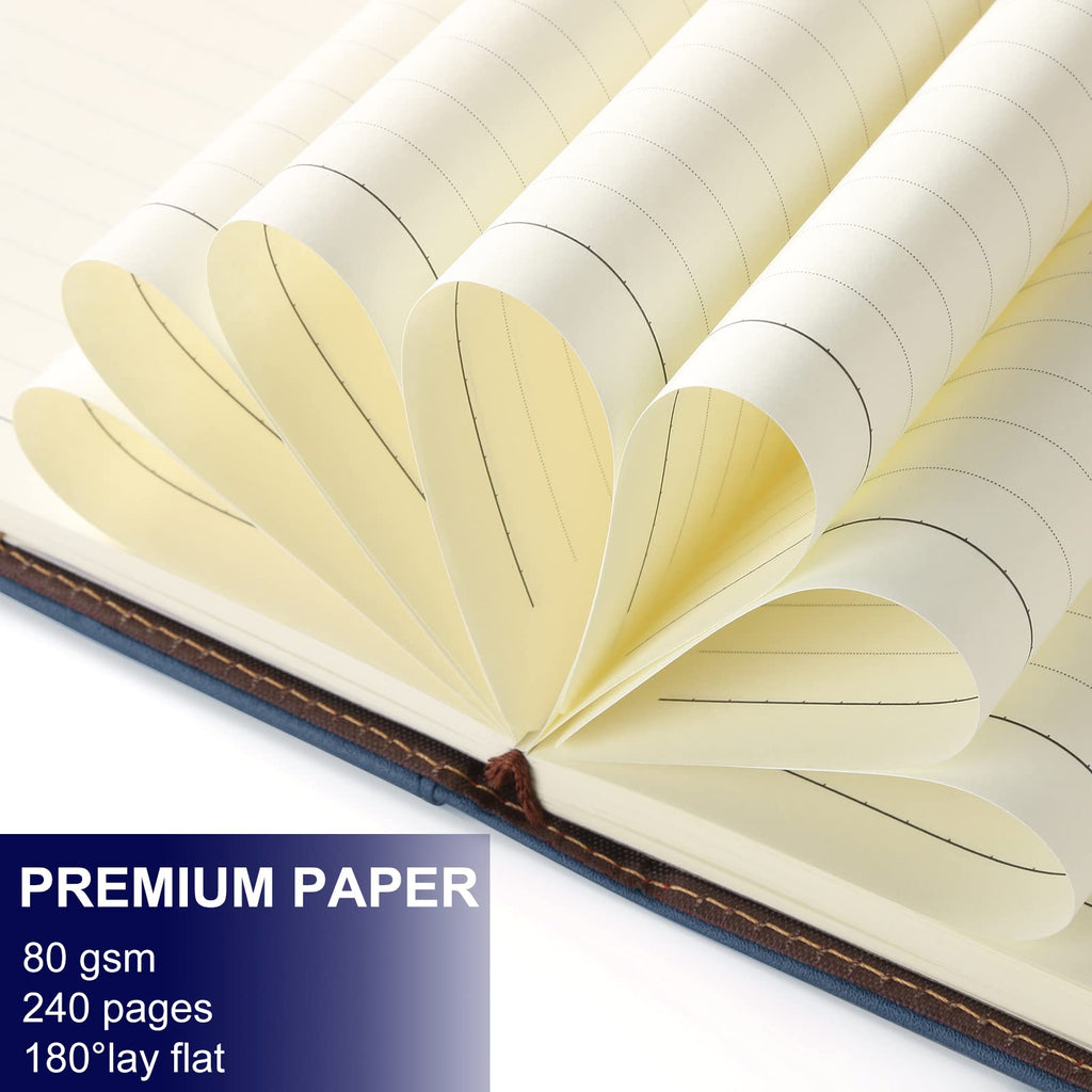 A5 Lined Leather Journal with Pen, 240 Pages Refillable Hardcover Notebook with Pocket and Magnetic Buckle, 80gsm Thick Daily Diary for Men and Women, Great Gift for Business School Travel Personal - Navy Blue