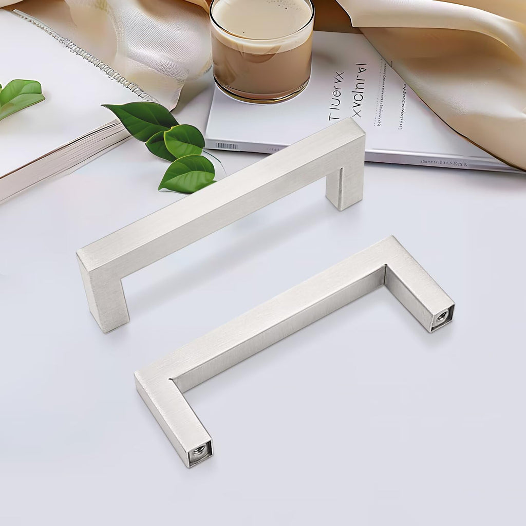 Gobrico 10 Pack Brushed Nickel Cabinet Handles 3-3/4" Cabinet Pulls, Kitchen Cabinet Handles Square Drawer Pulls Hole Centers 96mm, Stainless Steel Cabinet Handles Bathroom Drawer Pulls