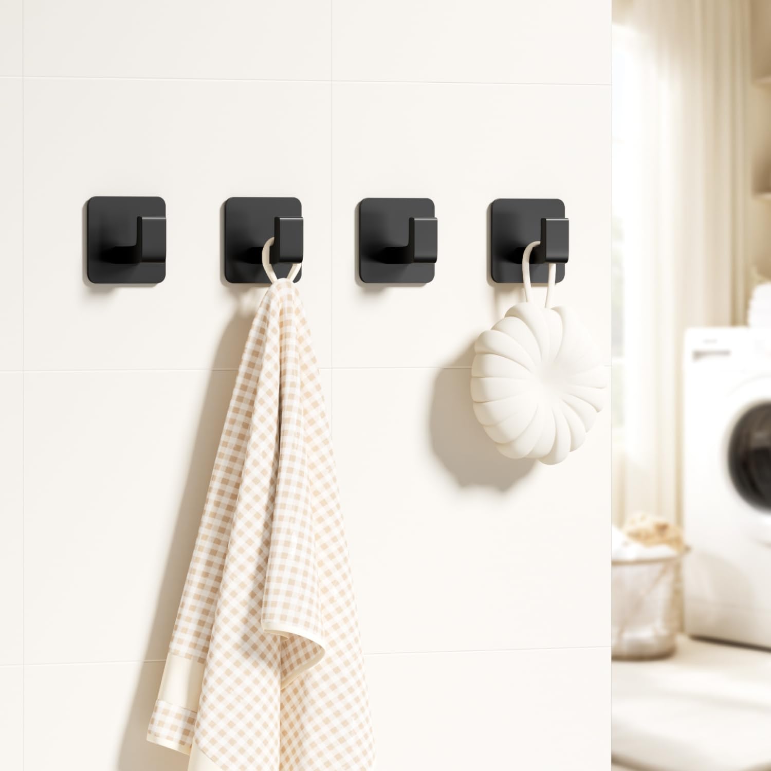 Square Self Adhesive Towel Hooks - 4 Pack Matte Black Stylish Hooks for Hanging Towels, Robes, Hats, and Keys in Bathrooms, Closets, Cabinets, and Behind Doors