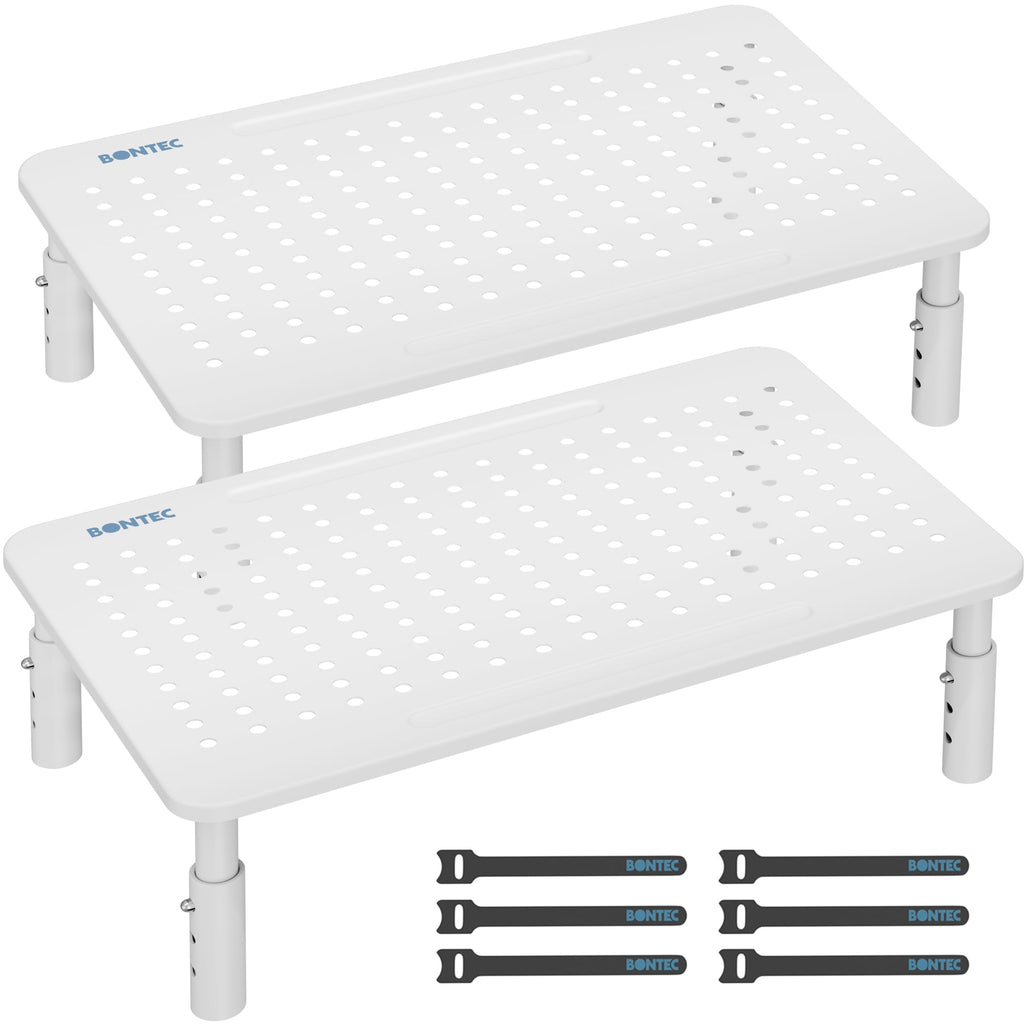BONTEC 2 Pack Monitor Stand Riser, 3 Height Adjustable Monitor Stand for Desk, Computer Monitor Riser Stand with Mesh Platform for Laptop, Computer, iMac, PC (White)