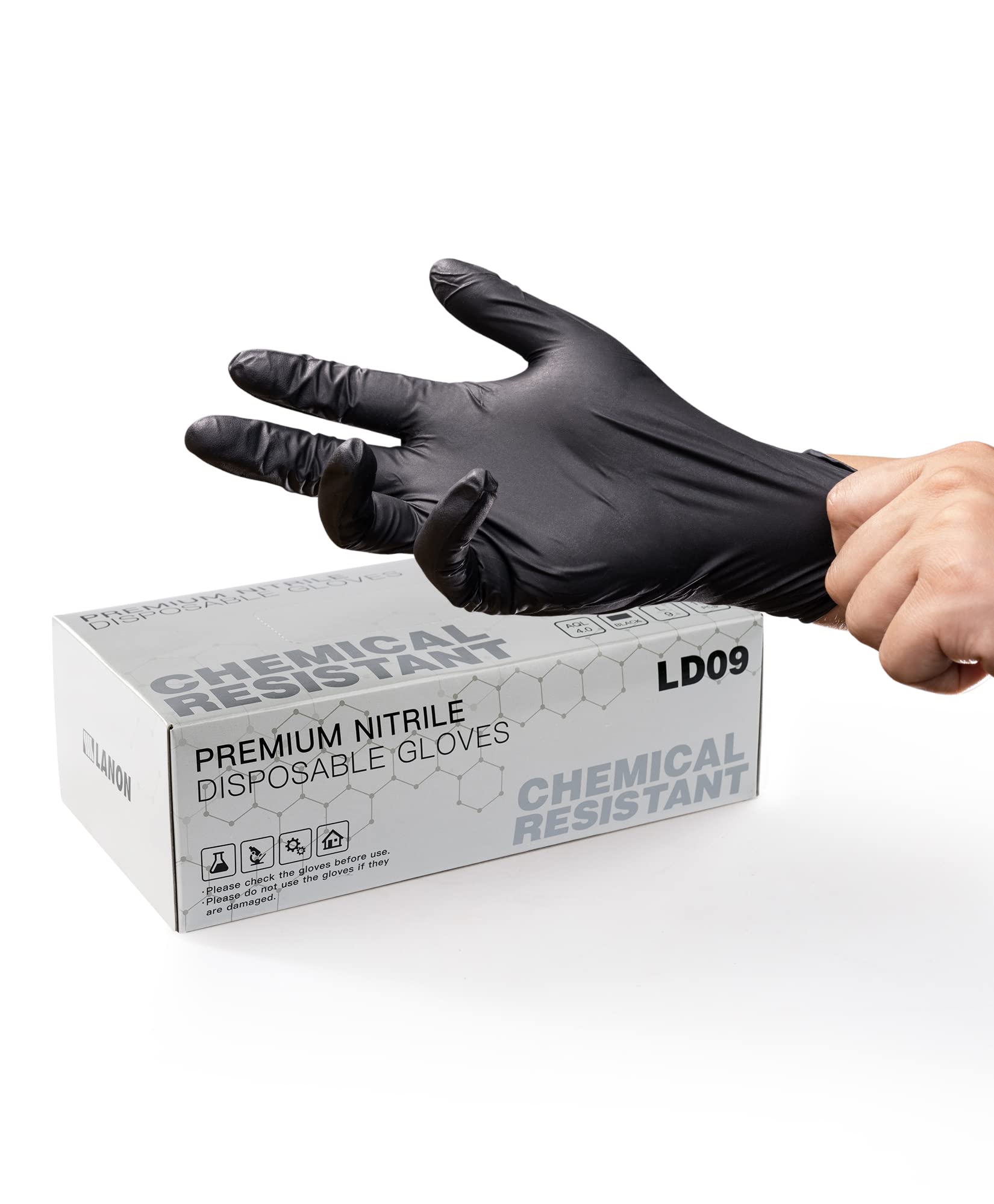 LANON 6 mil Black Nitrile Disposable Gloves, EN ISO 374 Chemical Resistant, Heavy-Duty, Mechanic, Textured Fingertips, Latex-Free, Large
