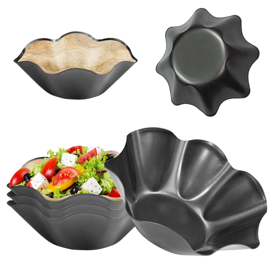 DSVENROLY 6Pcs Large-Nonstick Tortilla Shell Maker, 8.4-inch Taco Salad Bowl Pans Set with Silicone Gloves and Basting Brush, Carbon Steel Fluted Pan Baking Molds for Kitchen