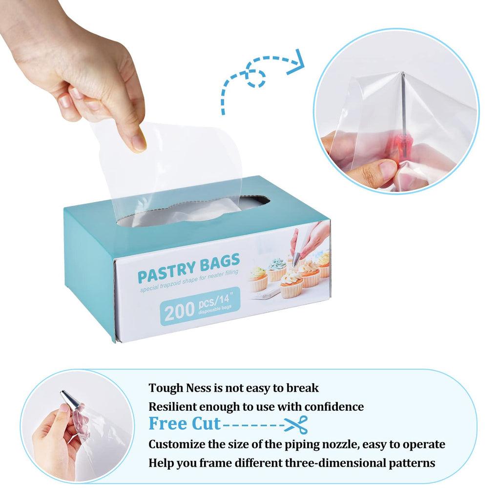 200 Pcs Pastry Piping Bags,14 inch Thickened Disposable Piping Decorating Bags,Plastic Icing Piping Bags with 6 Bag Ties for Cupcakes Cookies and Frosting