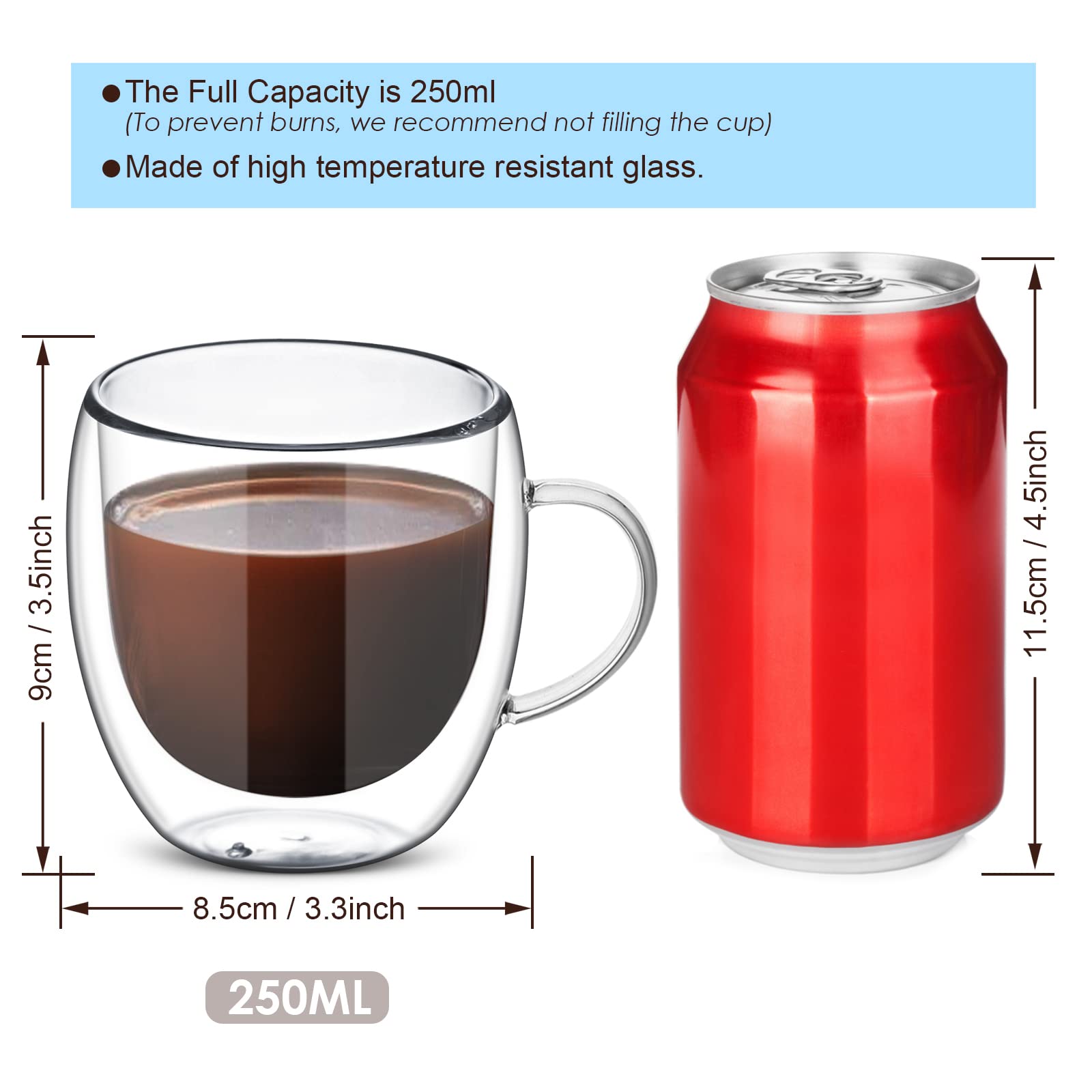 Cappuccino Glass Mugs, Set of 4 Double Walled Espresso Mug Cups Glass Mug Set, Insulated Drinking Glass Coffee Cups with Handle, Clear Glass Mugs for Latte, Cappuccino, Tea Bag, Juice (250ml /8.45oz)