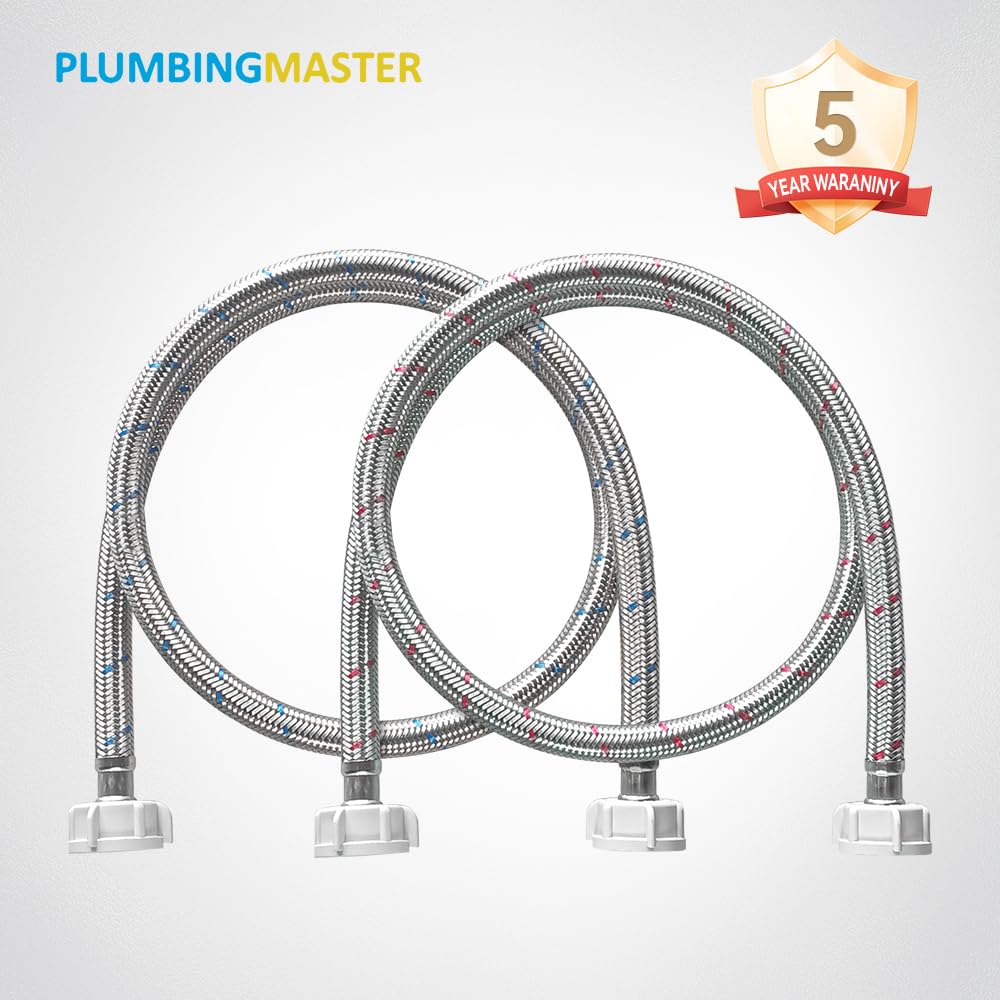 PLUMBINGMASTER Stainless Steel Washing Machine Supply Lines, Universal Braided Hoses, 4FT, 2 Pack (Red Blue, No Elbow)