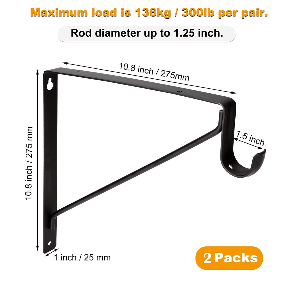 APACALI 2 Pack Heavy Duty Closet Rod Brackets, Black Steel, 10.8 x 10.8 x 1 Inch, Wall Mounted, Holds Up to 300 lbs per Pair, Fits 1.3-1.5Inch Rods