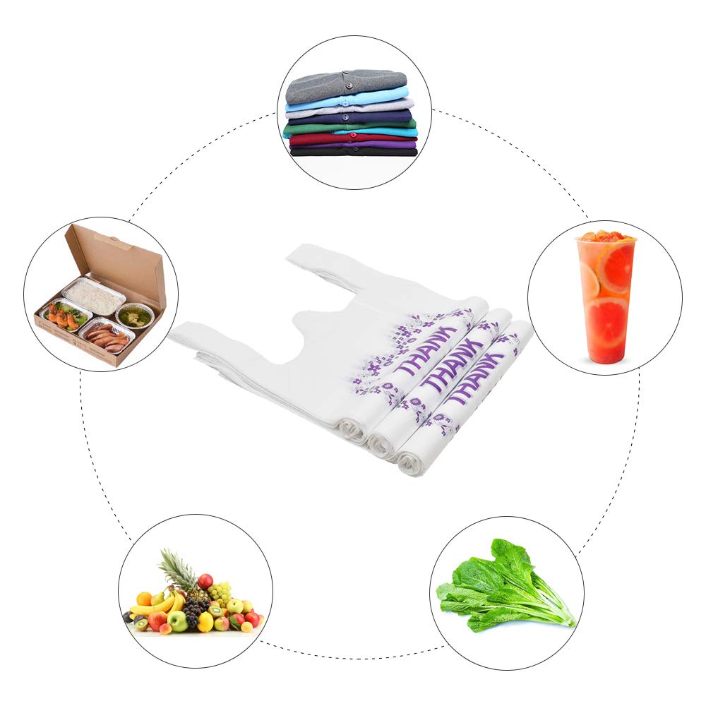 LazyMe Thank You T Shirt Bags, White Plastic Grocery Bags with Handles, Standard Supermarket Size, 12 x 20 inch (100 PCS)