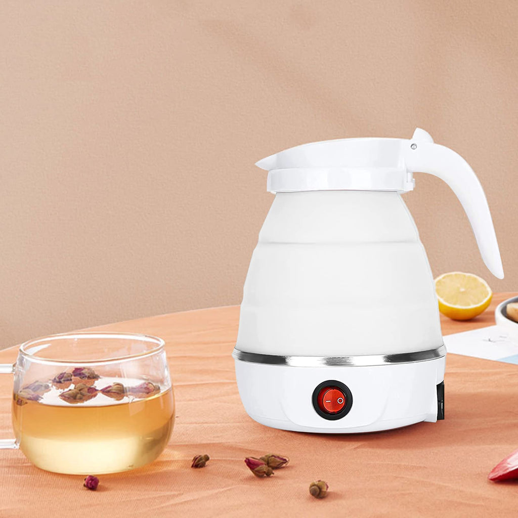 VICBINLY Electric Portable Kettle, Travel Kettle, Small Tea Kettle, Travel Foldable Kettles with Silicone Electric Insulation Heating Boiler Mini Tea Pot 600ml, White TKWT01