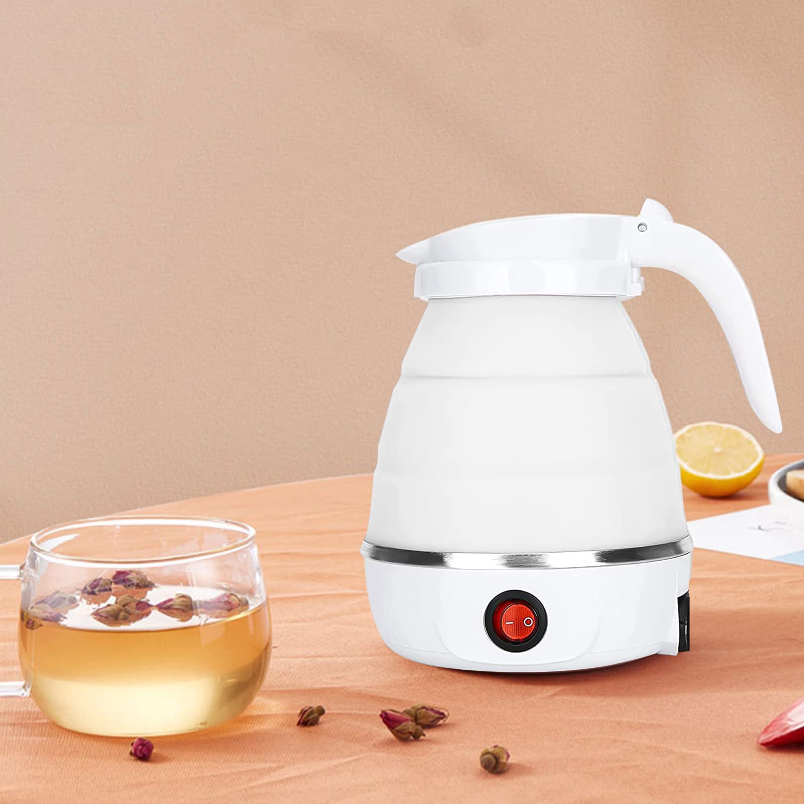 VICBINLY Electric Portable Kettle, Travel Kettle, Small Tea Kettle, Travel Foldable Kettles with Silicone Electric Insulation Heating Boiler Mini Tea Pot 600ml, White TKWT01