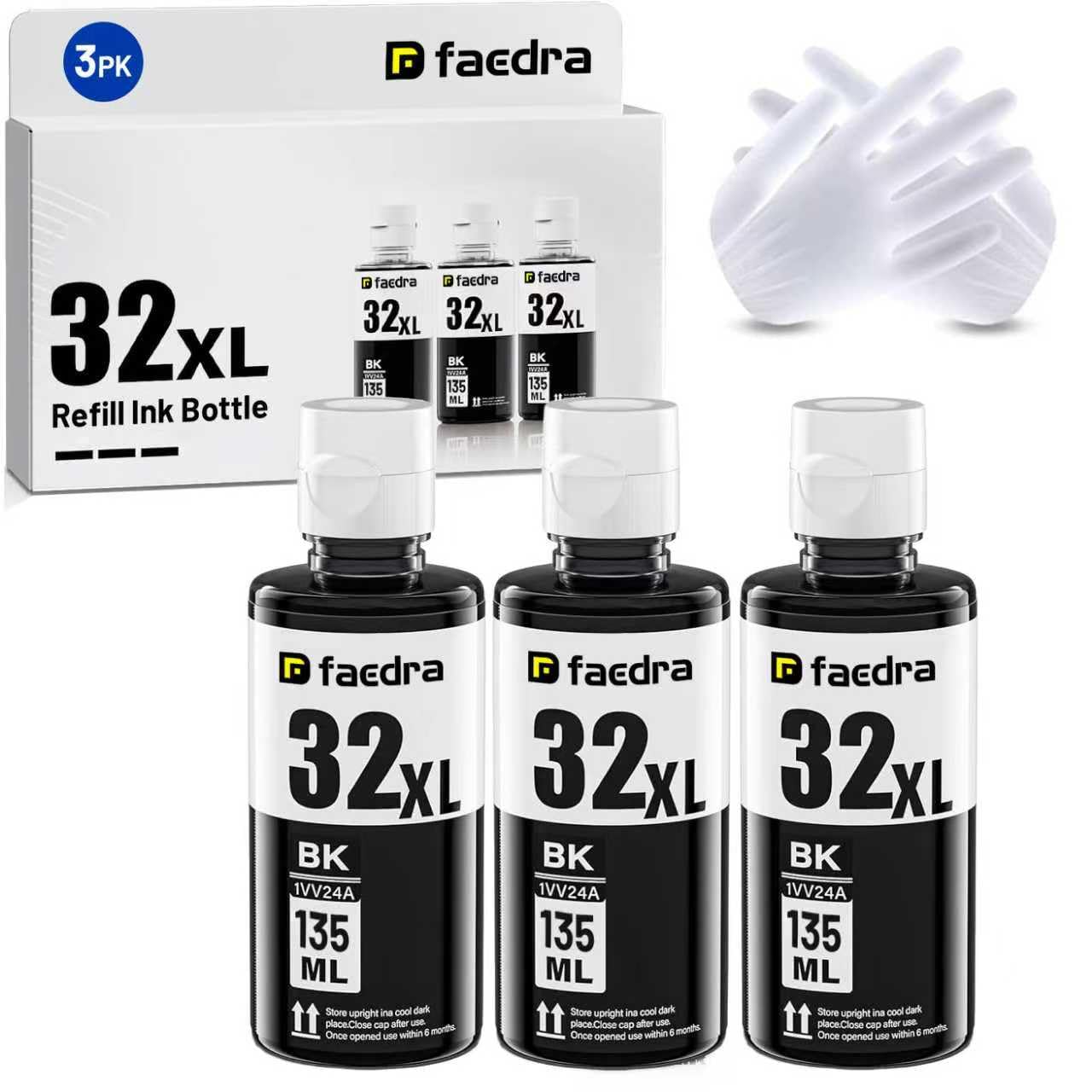 Faedra 32XL Ink Bottle (3 Black) Replacement for HP 31 32XL Ink Bottle Set for HP Smart Tank 6001 7301 7602 7001 5000 5101 5102 5103 651 551 455 457 450 Ink