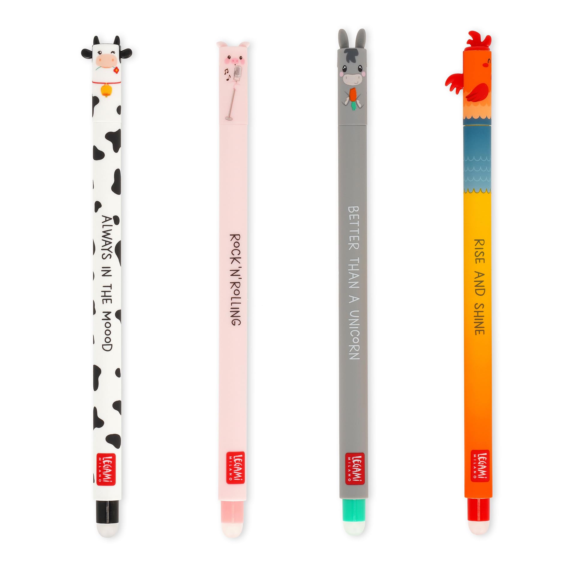 Legami - Set of 4 Farm Sweet Farm Erasable Gel Pens, Pens with Thermosensitive Erasable Ink, Black, Pink, Green, Red, Erases Without Consuming the Sheet, 0.7 mm Tip