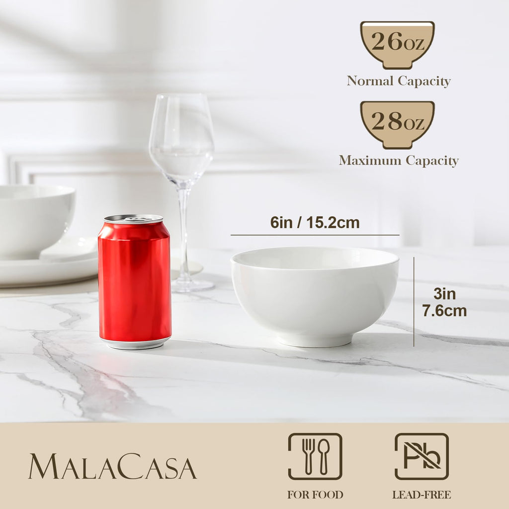 MALACASA 26 oz Porcelain Soup Bowls, 6" Cereal Bowls - White Bowls Set of 4 for Soup, Cereal, Oatmeal, Fruit, Rice - Dishwasher & Microwave Safe, Series Regular