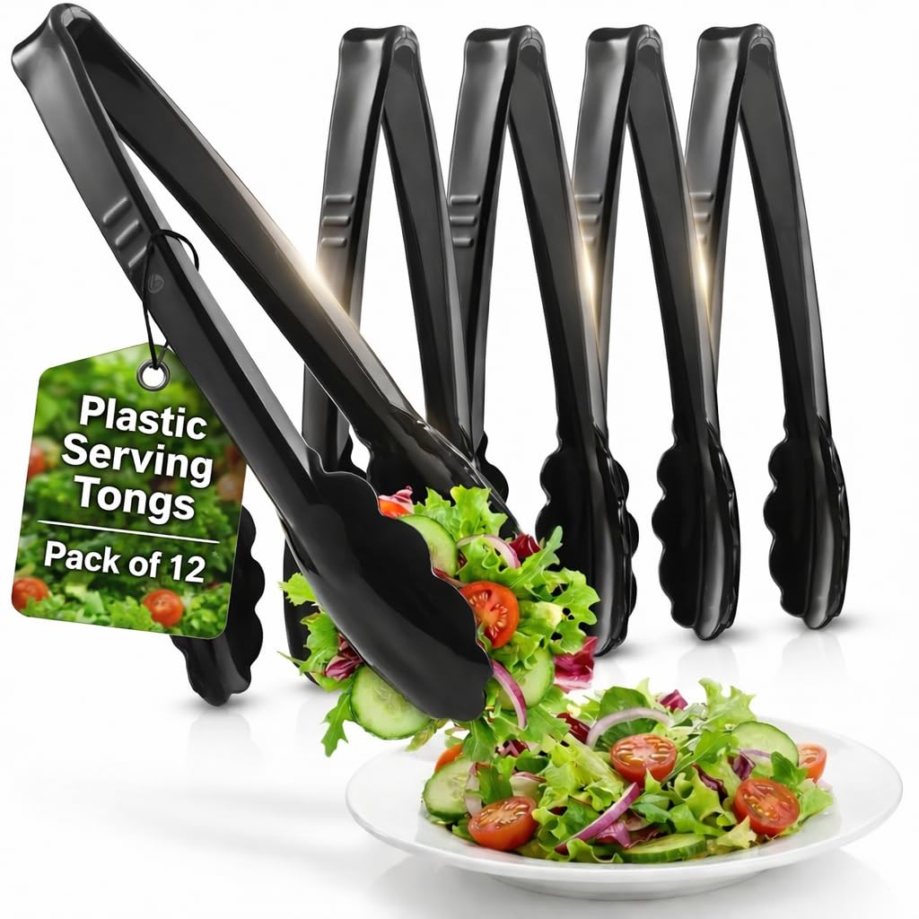 Plastic Tongs for Serving (Pack of 12) 9 Inch - Heavy-Duty Hard Plastic Reusable or Disposable Serving Tongs for Catering, Dinner Parties, Banquets, Buffets, Events, Weddings, and Everyday Use, Black