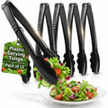 Plastic Tongs for Serving (Pack of 12) 9 Inch - Heavy-Duty Hard Plastic Reusable or Disposable Serving Tongs for Catering, Dinner Parties, Banquets, Buffets, Events, Weddings, and Everyday Use, Black