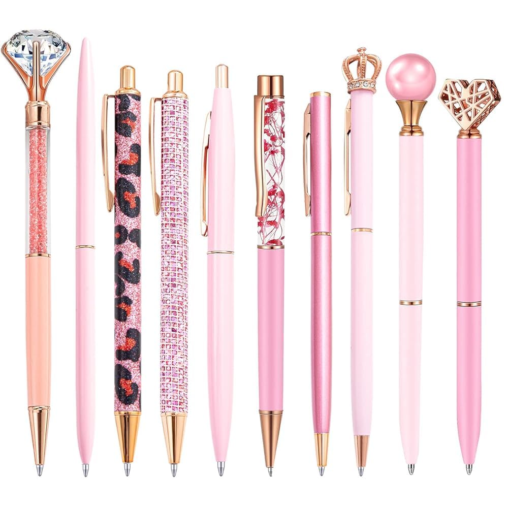10 Pcs Pink Glitter Ballpoint Pens,Comfortable Writing Pens,Metal Retractable Pretty Journaling Cute Pens Bulk, Black Ink Medium Point (1.0mm)