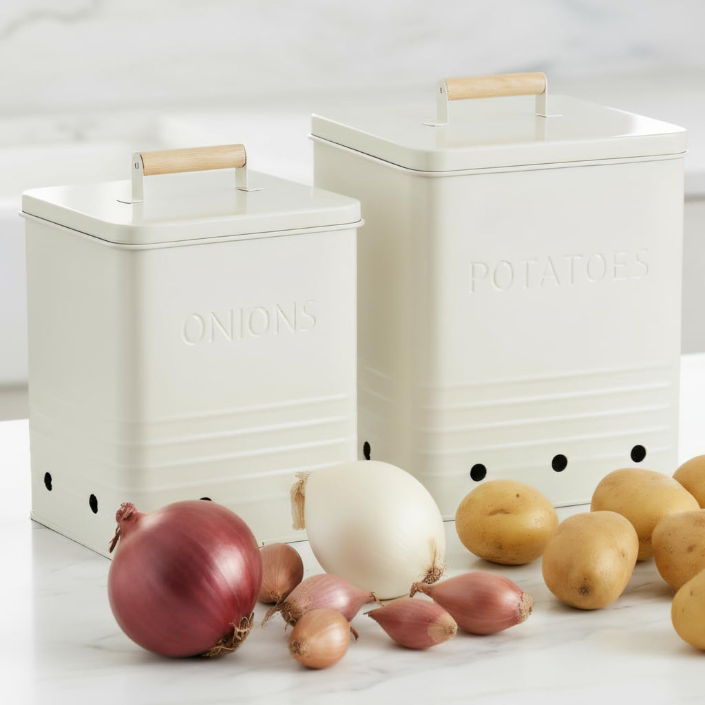ZICOTO Beautiful Potato Storage Box Set of 2 For Kitchen Countertop - Perfect Storage Containers For Onion, Garlic, Vegetable - Food Safe Metal Holder Bin Set For Fruits