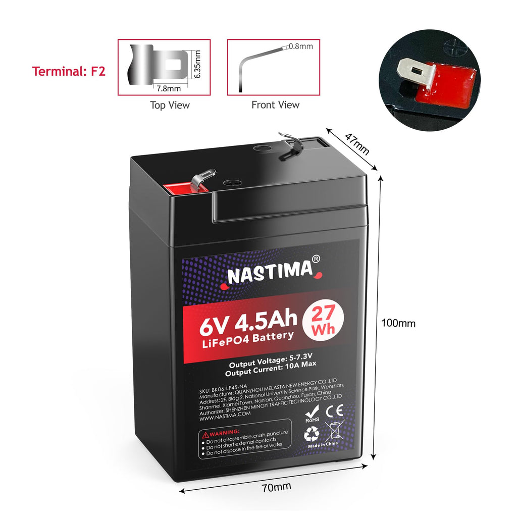 NASTIMA 6V 4.5Ah Rechargeable Lithium Iron Phosphate Battery, 2000+ Cycles LiFePO4 Battery Pack for Emergency Light, Lantern, Kids Ride On Car, Deer Game Feeder