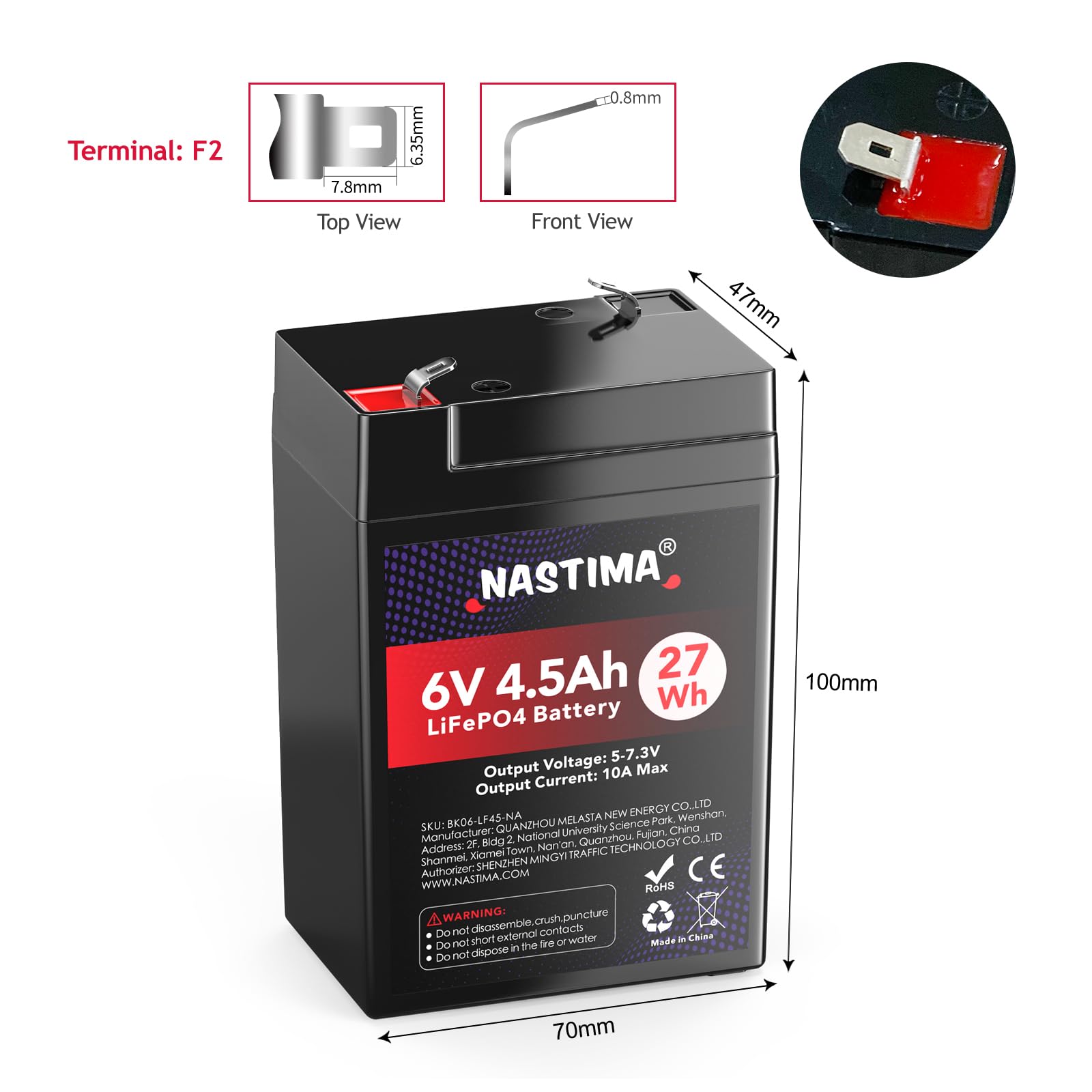 NASTIMA 6V 4.5Ah Rechargeable Lithium Iron Phosphate Battery, 2000+ Cycles LiFePO4 Battery Pack for Emergency Light, Lantern, Kids Ride On Car, Deer Game Feeder