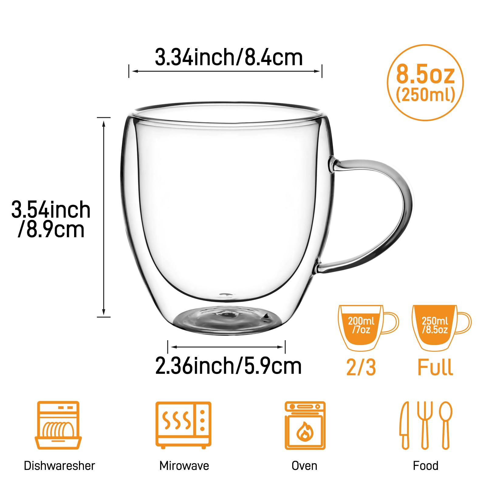 Dyserbuy 4 Pack Cappuccino Glass Mugs, Double Wall Insulated Glass Coffee Mugs with Handle, Drinking Glasses Cups, Perfect for Cappuccino, Latte, Espresso, Tea, Juice, Beverage (250ml/ 8.5oz)