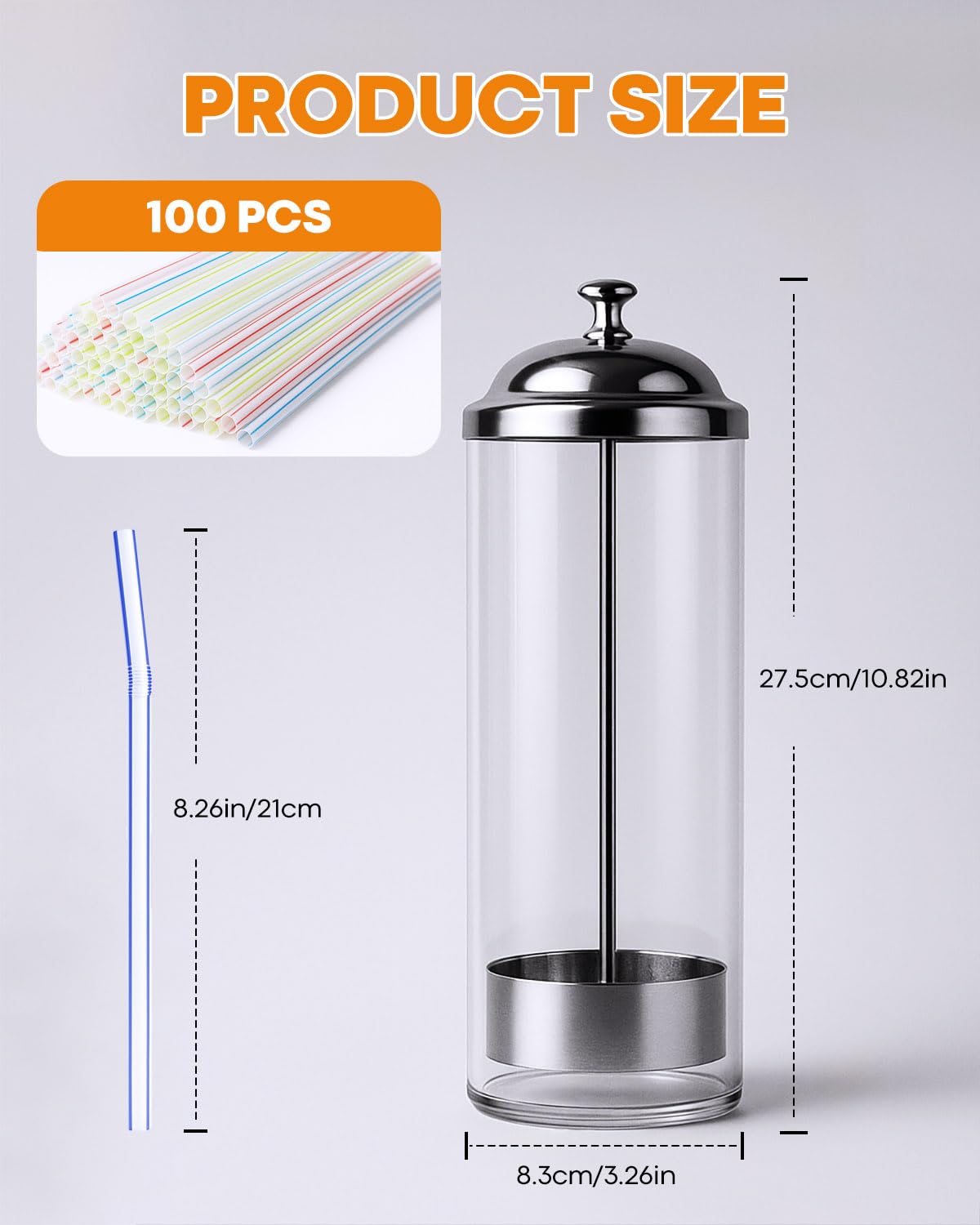 Straw Holder for Counter with Bring 100 Straws, Straw Dispenser for Counter with Stainless Steel Lid, Easy-Load Glass Straw Holder Home, Office, Restaurant Use