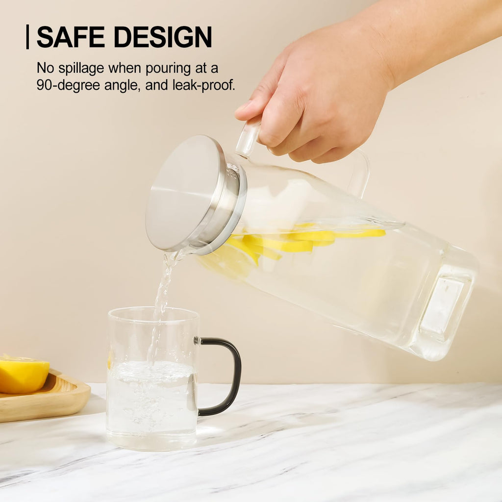 2 Pack (2 Liter 68 oz) Square Glass Pitcher with Lid and Spout, Easy Clean Heat Resistant, Borosilicate Glass Carafe for Hot/Cold Drink, Large Jug for Iced Tea, Coffee, Juice, Milk, Beverage