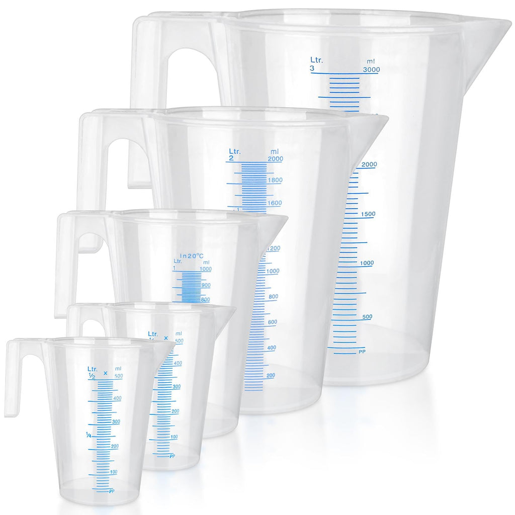 Supkiir 5Pcs Plastic Graduated Measuring and Mixing Pitchers, 3000/2000/1000/500ml Food Grade PP Shatterproof Pouring Cups for Paint Resin Epoxy Kitchen Lab Cooking Baking Ingredients