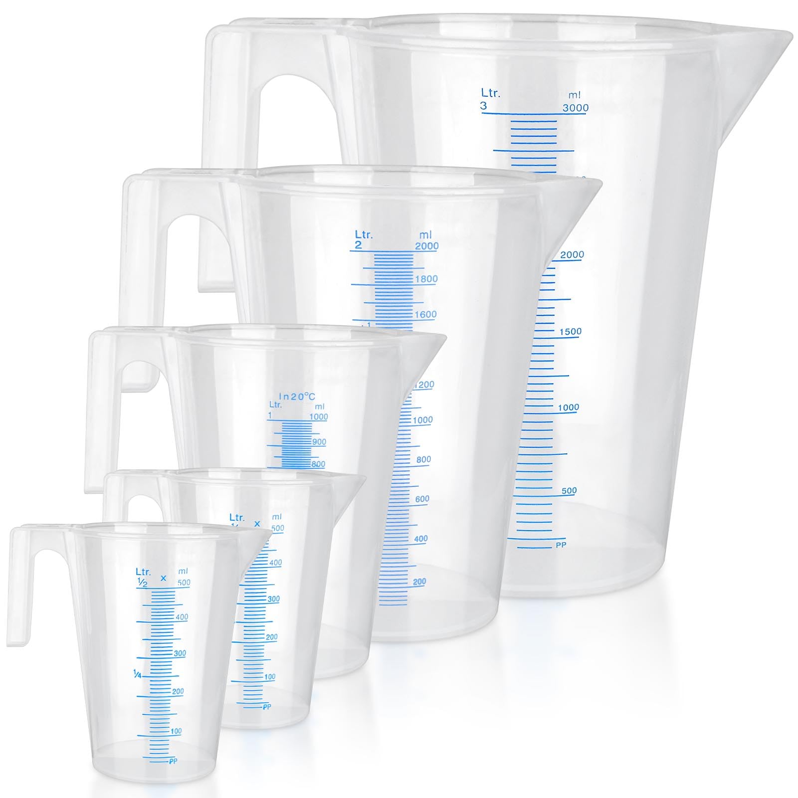 Supkiir 5Pcs Plastic Graduated Measuring and Mixing Pitchers, 3000/2000/1000/500ml Food Grade PP Shatterproof Pouring Cups for Paint Resin Epoxy Kitchen Lab Cooking Baking Ingredients