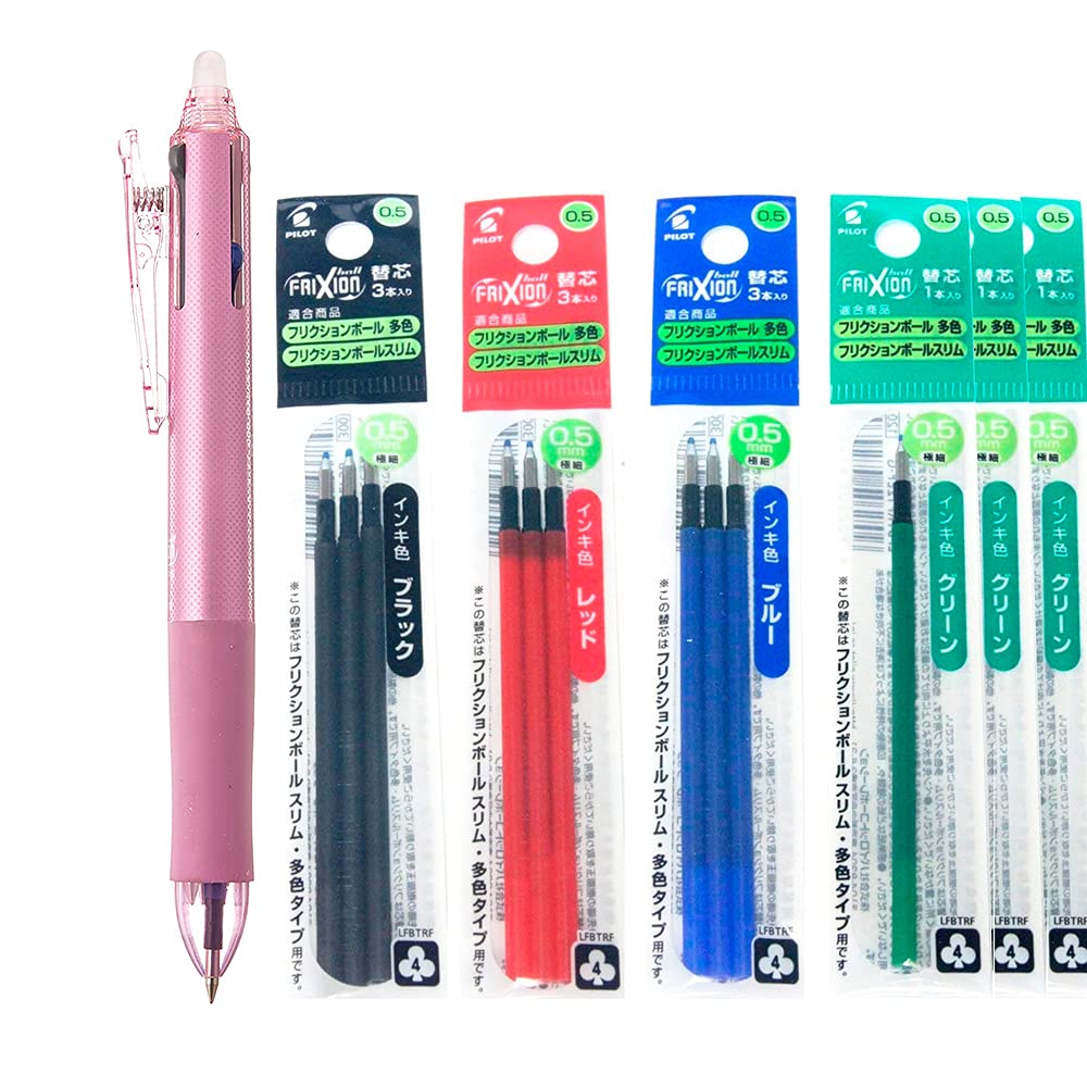 Pilot Ballpoint Pen, Frixion Ball 4, 0.5mm, Extra Fine, 4 Colors (Black, Red, Blue and Green), Pink (LKFB-80EF-P)&Each 4 Color Refills (Black,Blue,Red,Green)Gel Ink Refills (Black/Blue/Red/Green Ink), Extra Fine Point 0.5mm, 6 Packs 12 Refills