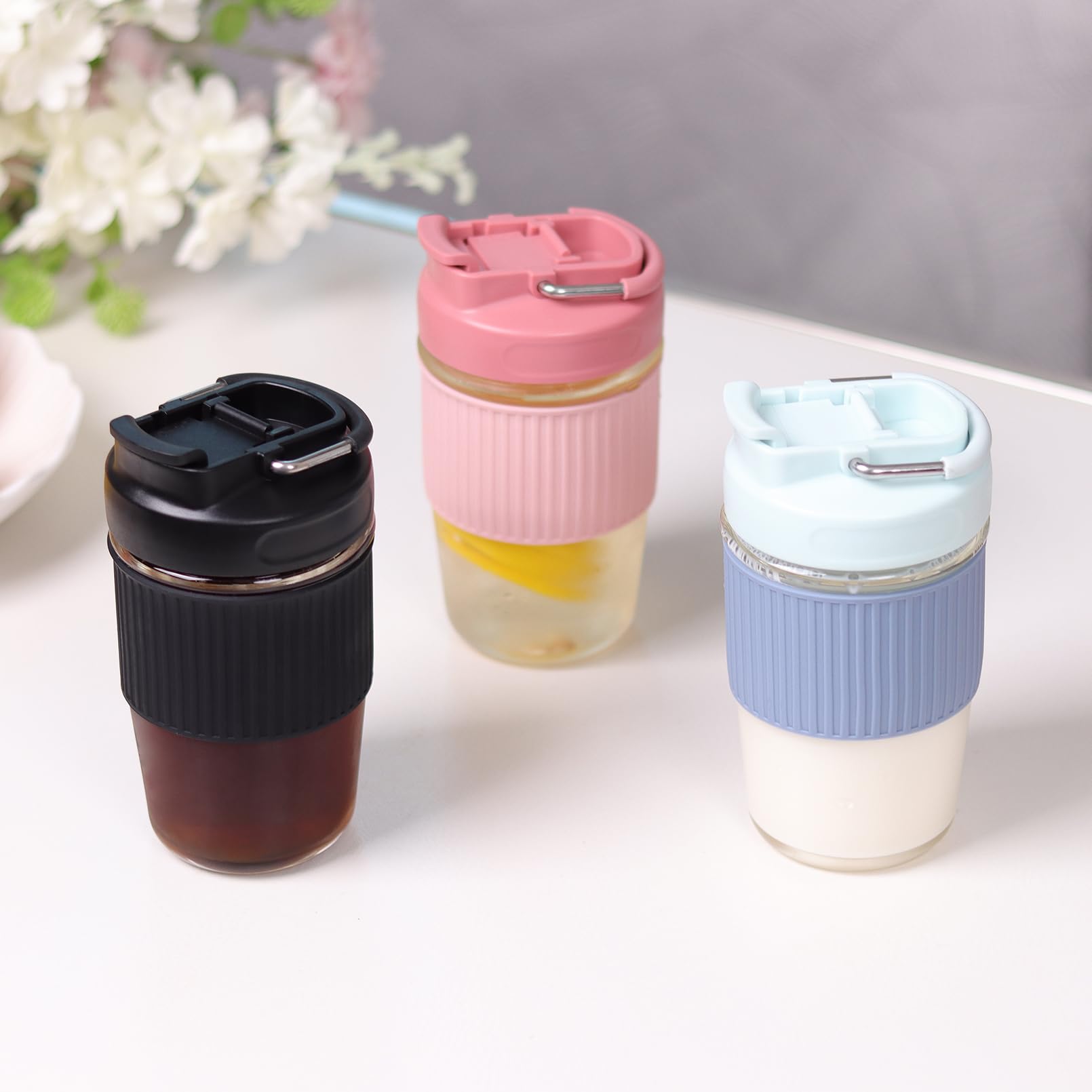 Sivaphe Reusable Glass Coffee Cup 16 oz, Portable Travel Mug with Spill-Proof Lid and Protect Sleeve for Home Office Black