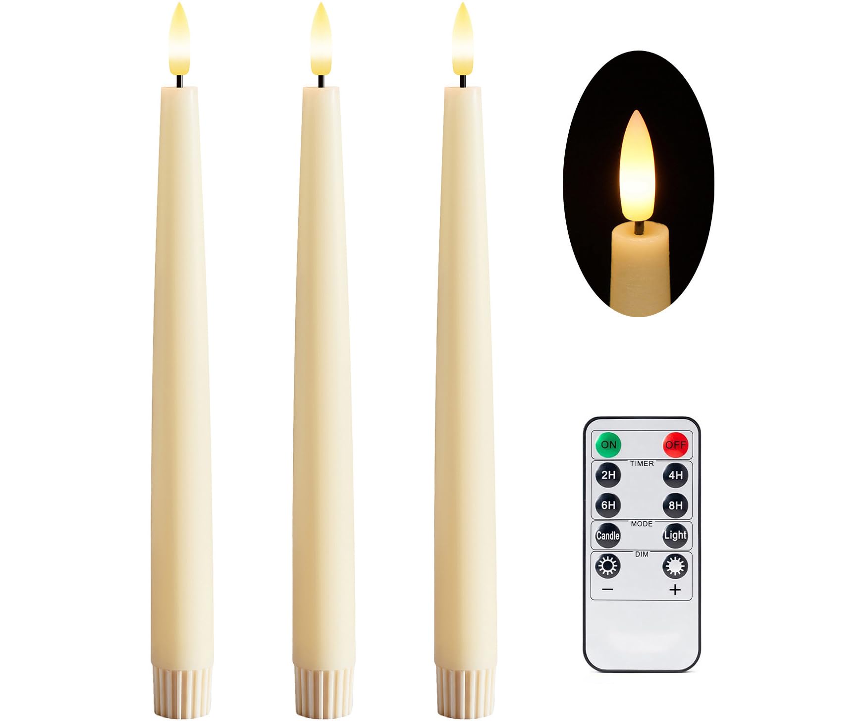 Stmarry Ivory Flameless Taper Candles with Remote and Timer, 9.65 Inch Real Wax LED Candlesticks, Battery Operated Tall Taper Candles with 3D Flickering Flame, Christmas Home Wedding Decor, 3 Pack