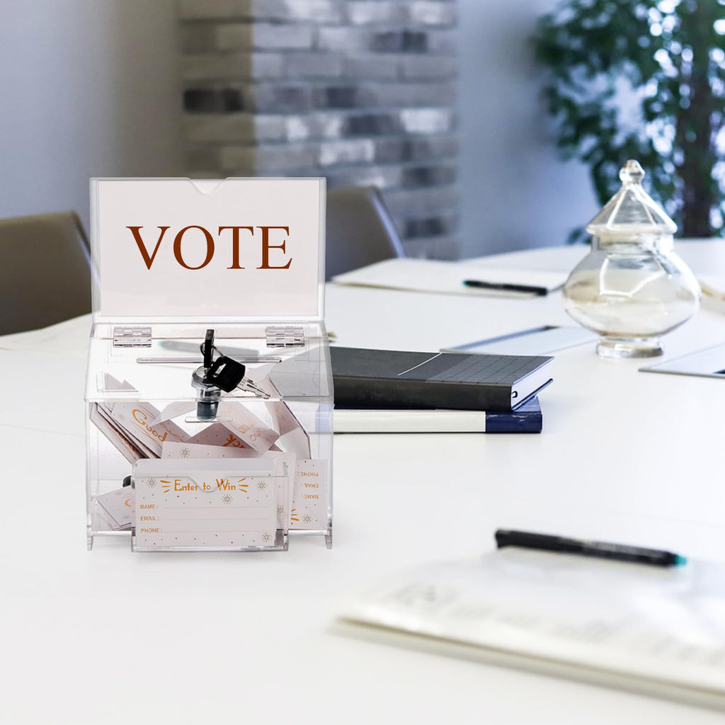 ZENFUN Acrylic Donation Box with Lock and Sign Holder, 6.3x4.7x4.9 Inches Clear Ballot Box Voting Storage Box Comments Container with 100pcs Tickets Cards for Raffle, Tip Jar, Collection, Voting