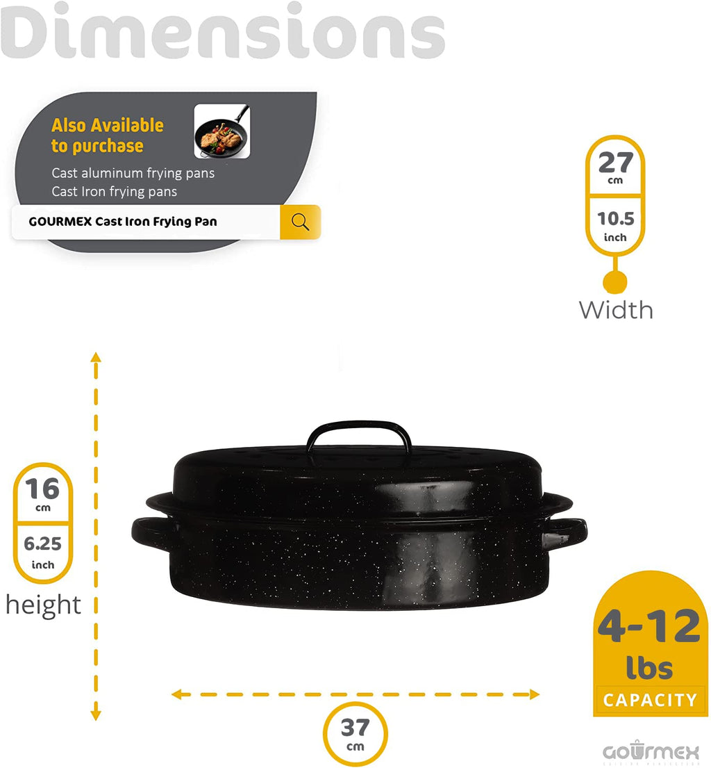 GOURMEX Black Ceramic Enamel Coated Roasting Pan | Dutch Oven Pot with Lid | Dishwasher Safe, Oven Safe, Freezer Safe | Ideal for Chicken, Turkey Roasting Pan (12lb Oval)
