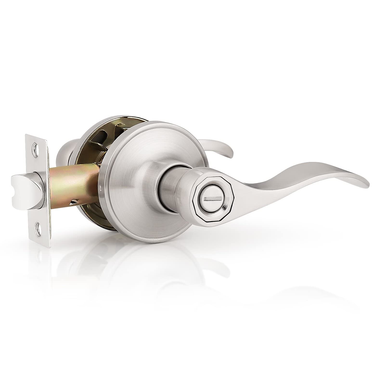 Probrico (1 Pack)Privacy Door Lever[Thumb Turn Lock on The Inside],Locking Door Handle Set for Bedroom & Bathroom Doors,Keyless Satin Nickel Finish Wave Door Lock, Reversible Right & Left Side Handed