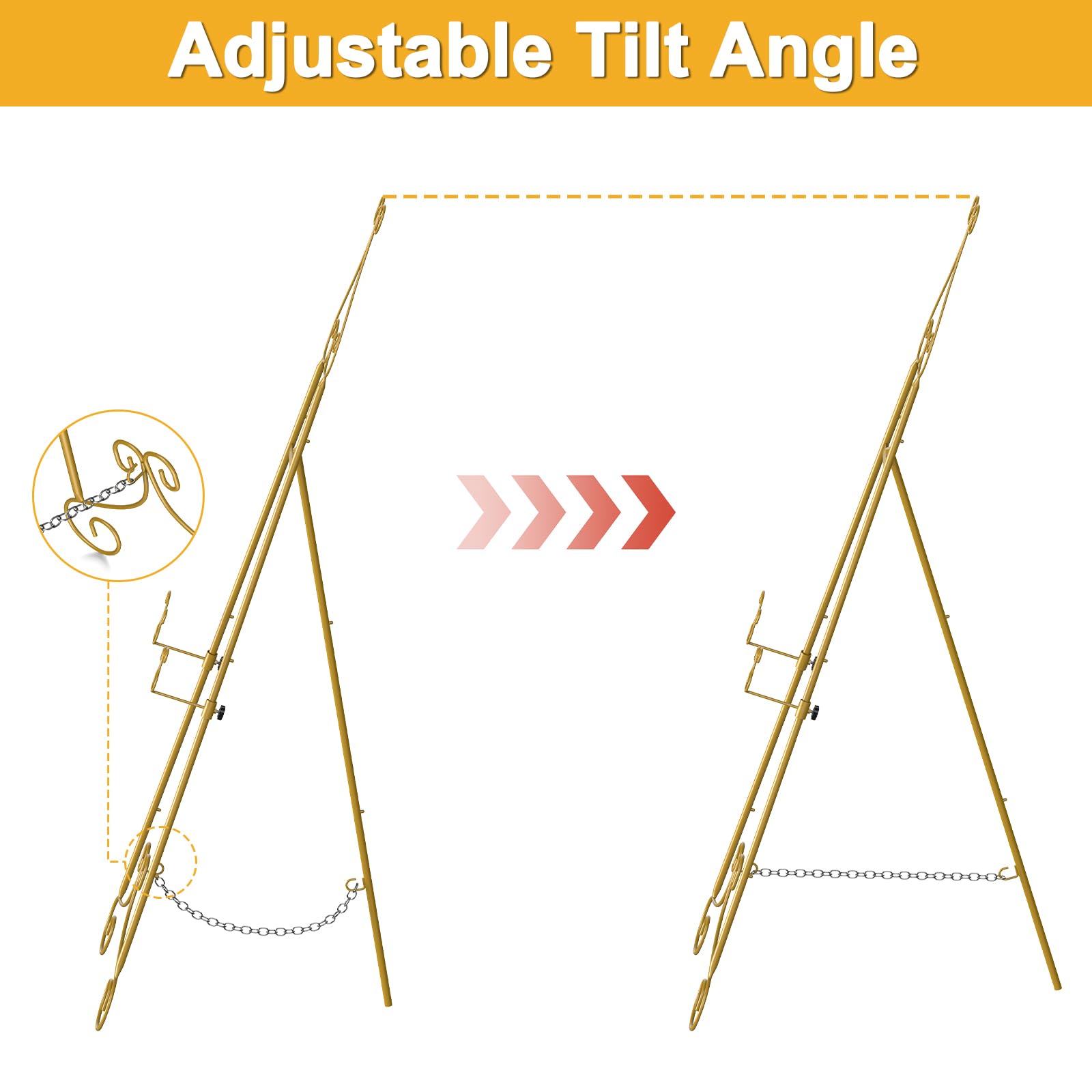 1 PC Easel Stand for Sign, Metal Poster Easel Holder, Adjustable Wedding Sign Stand with Chain Support for Display, Party Painting, Gold.
