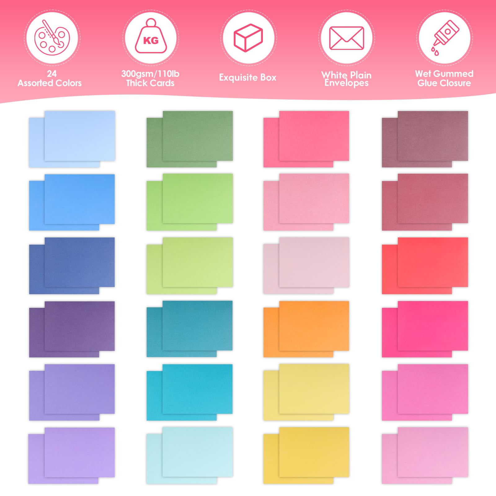 48 Pack Blank Folded Cards and Envelopes Colored Cards White Envelopes 5 x 7 Inch Colorful Greeting Cards 24 Assorted Colors Heavy Weight for Greeting,Invitation,Card Making
