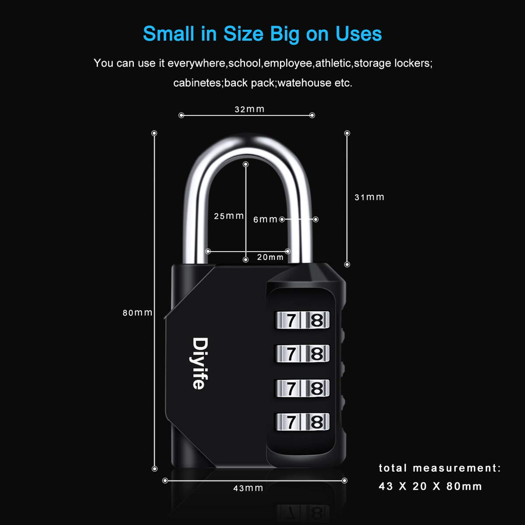 Combination Padlock, [4 Pack] Diyife 4 Digit Locker Lock Weatherproof Lock Outdoor Combination Lock for School Gym Locker,Toolbox, Fence, Gate, Hasp, Cabinet(Black)