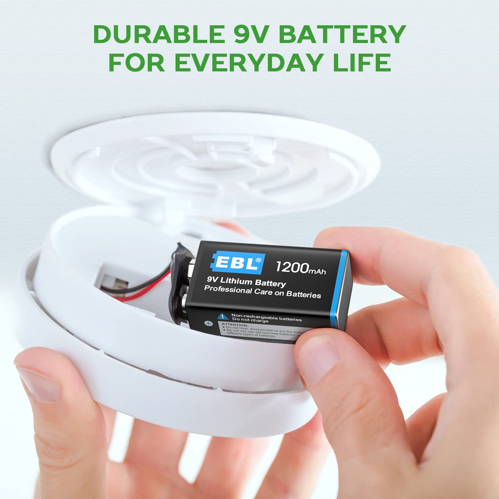 EBL 4 Pack 9V Li-th-ium Metal Batteries, 1200mAh Performance Capacity, Long Lasting, High Power, Light Weight, Non-Rechargeable