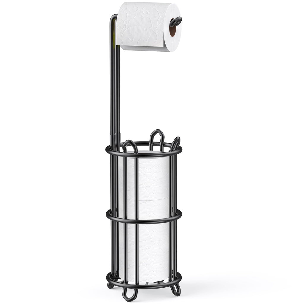 Meangood Toilet Paper Holder Stand and Tissue Paper Roll Dispenser for 4 Mega Rolls, Bathroom Free Standing Tissue Roll Storage Holder Rack, Metal (Black1)
