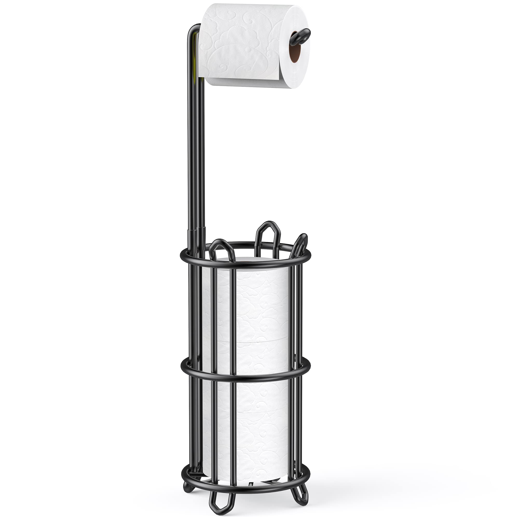 Meangood Toilet Paper Holder Stand and Tissue Paper Roll Dispenser for 4 Mega Rolls, Bathroom Free Standing Tissue Roll Storage Holder Rack, Metal (Black1)