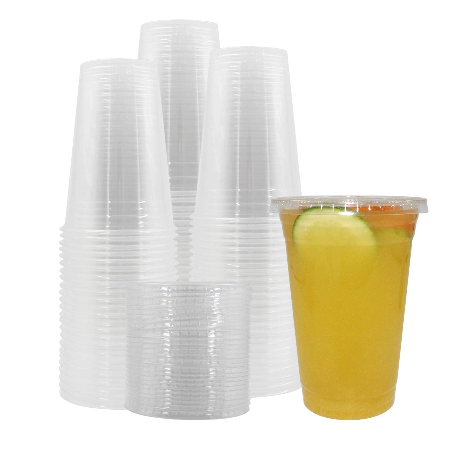 Belinlen 100 Sets 24 oz. Plastic Crystal Clear Cups with Flat Lids for Cold Drinks, Iced Coffee, Bubble Boba, Tea, Smoothie etc. (Coming with Extra 20 lids as Bonus)