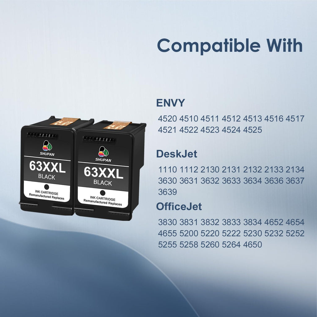 XXL 63 Black Ink Cartridges 2 Pack Remanufactured for HP 63XXL 63XL Ink Work for HP Officejet 3830 4650 5255 5258 5200 4652 4655 Envy 4520 4512 DeskJet 2130 2132 Printer (2 Black)