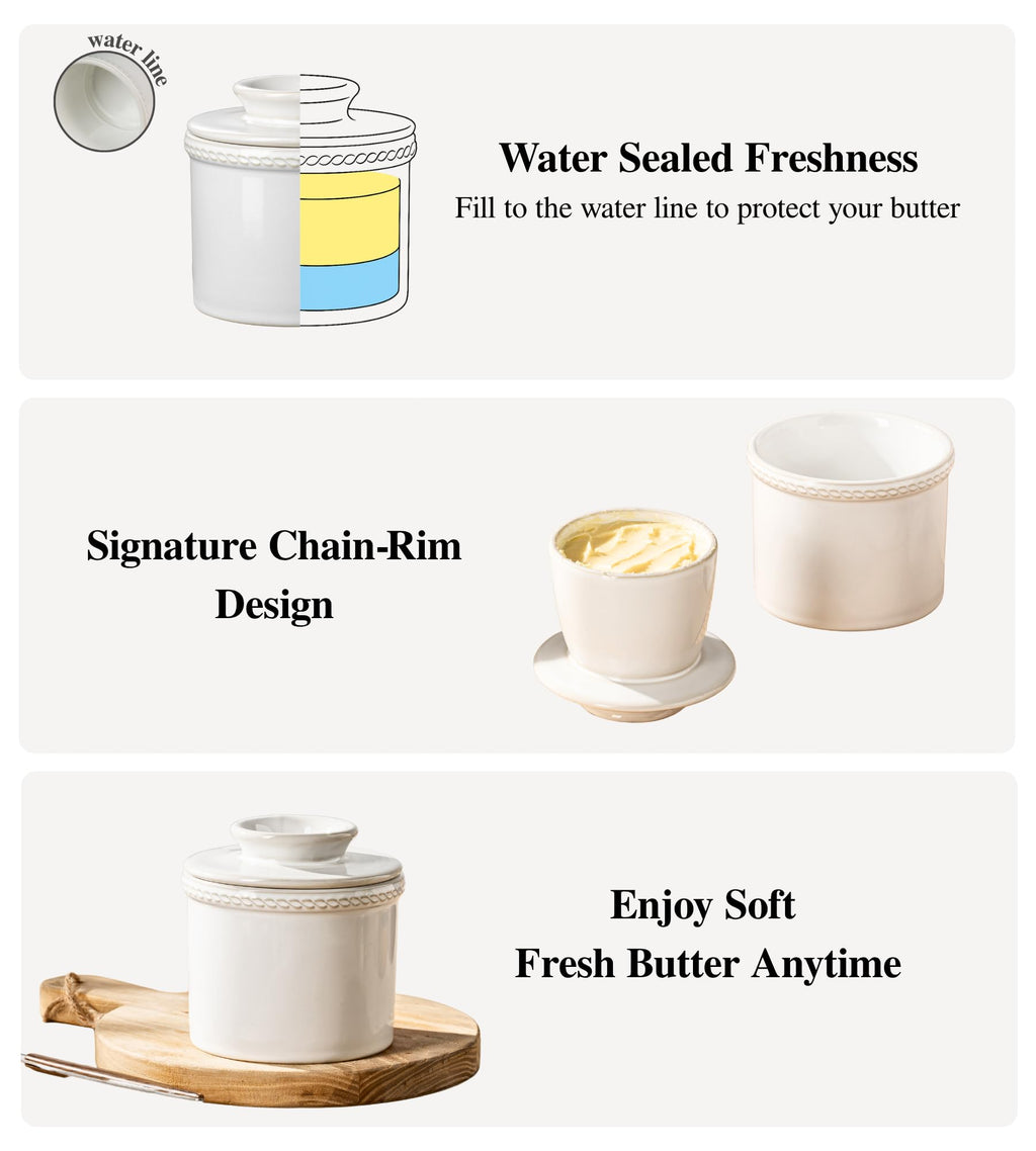 JERSINWEI Butter Crock with Lid, French Butter Dish for Countertop, Ceramic Butter Keeper Keeps Butter Soft & Spreadable Without Refrigeration, Vintage Kiln Glaze White Design, 8 oz / 230 ml