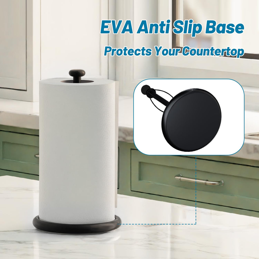 VEHHE Paper Towel Holder Countertop, One-Handed Tear Paper, Weighted Base with EVA Non-Slip Pad, Stainless Steel, Kitchen Towel Holder Stand with Ratchet Mechanism for Kitchen Bathroom Black
