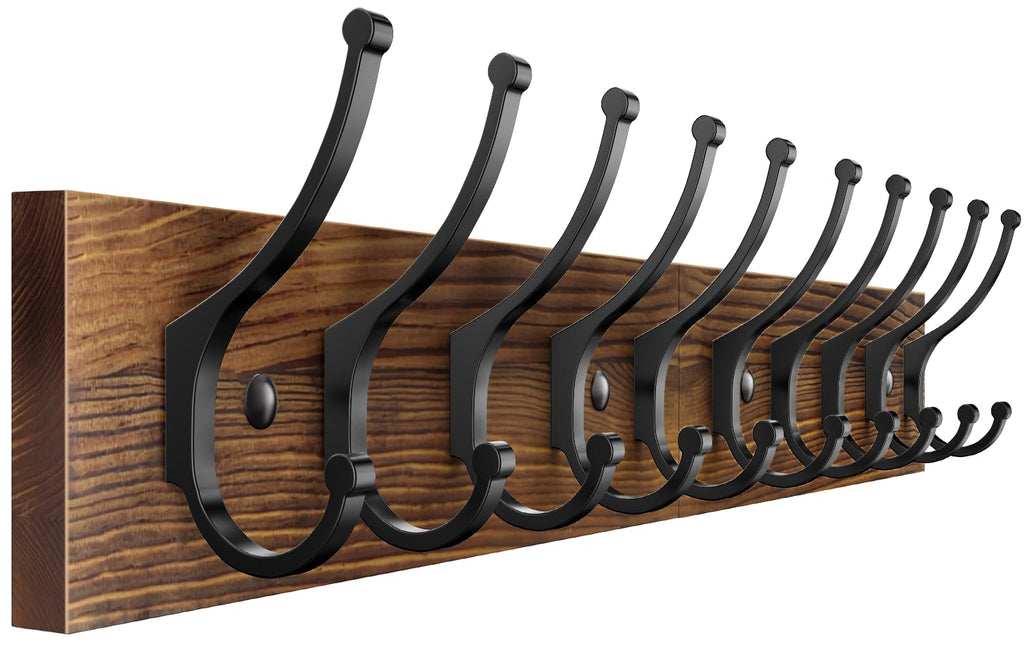 Optish 2 Pack Wooden Coat Rack Wall Mount, 16.1" Rustic Coat Hanger Hooks Wall Mount, Wall Coat Rack for Hat, Clothes, Bags, Jacket - Brown