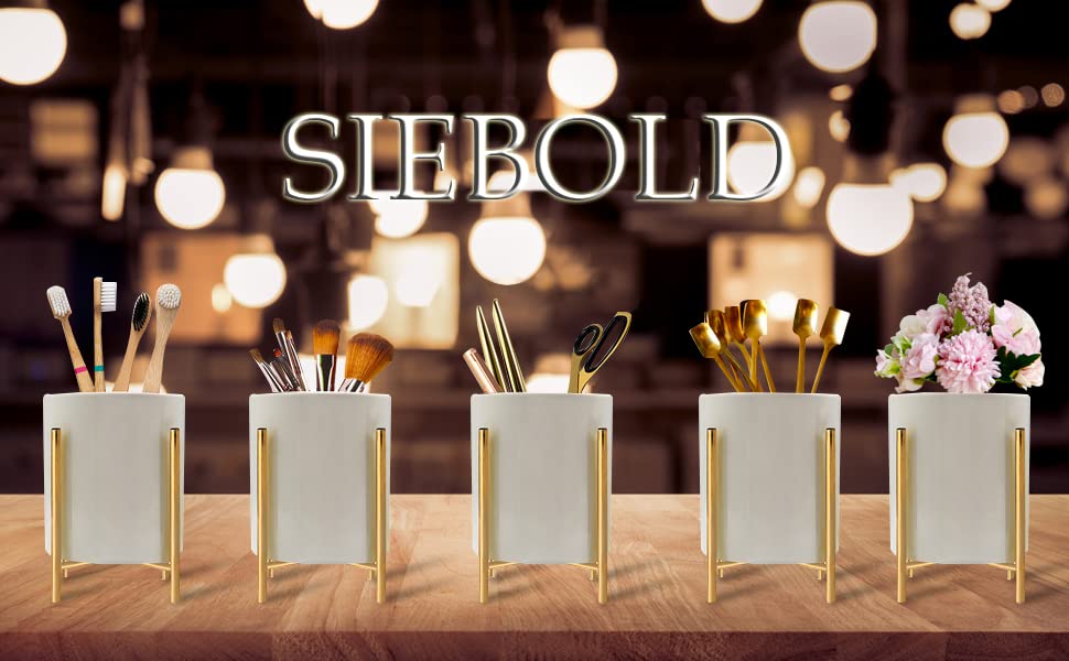 Office Pencil Holder Desktop Pen folder White ceramic With Metal Frame(1Pack 4.6 3.14in),Gold