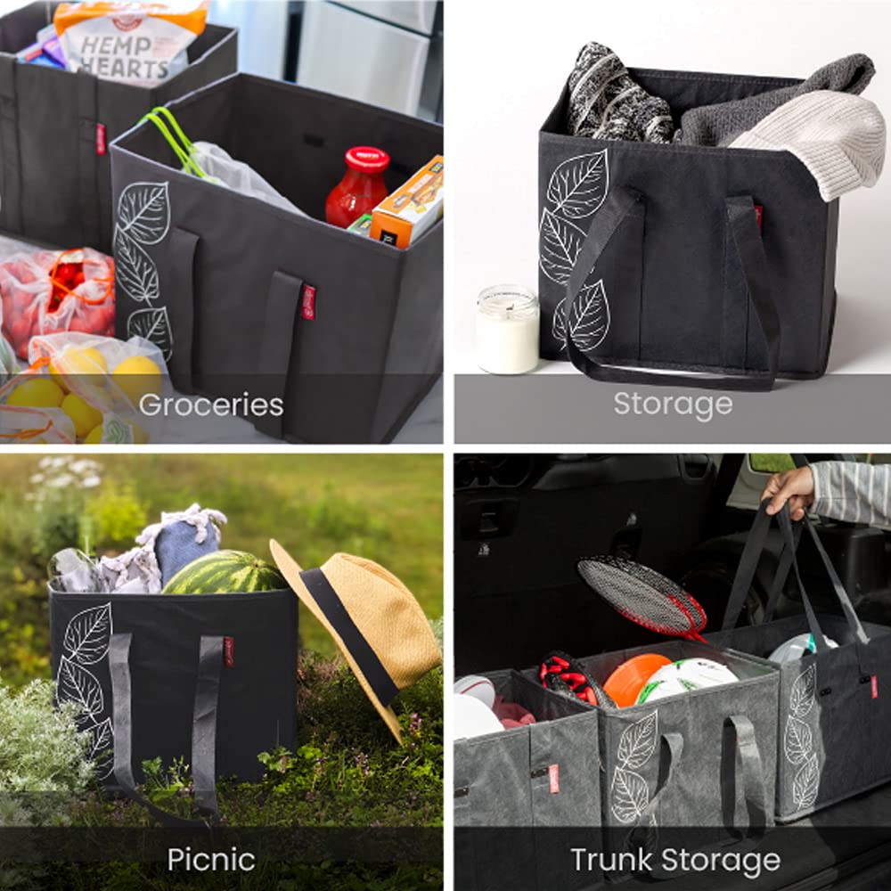 Planet E Reusable Grocery Shopping Bags – Large Collapsible Boxes With Reinforced Bottoms (Pack of 3, Black)
