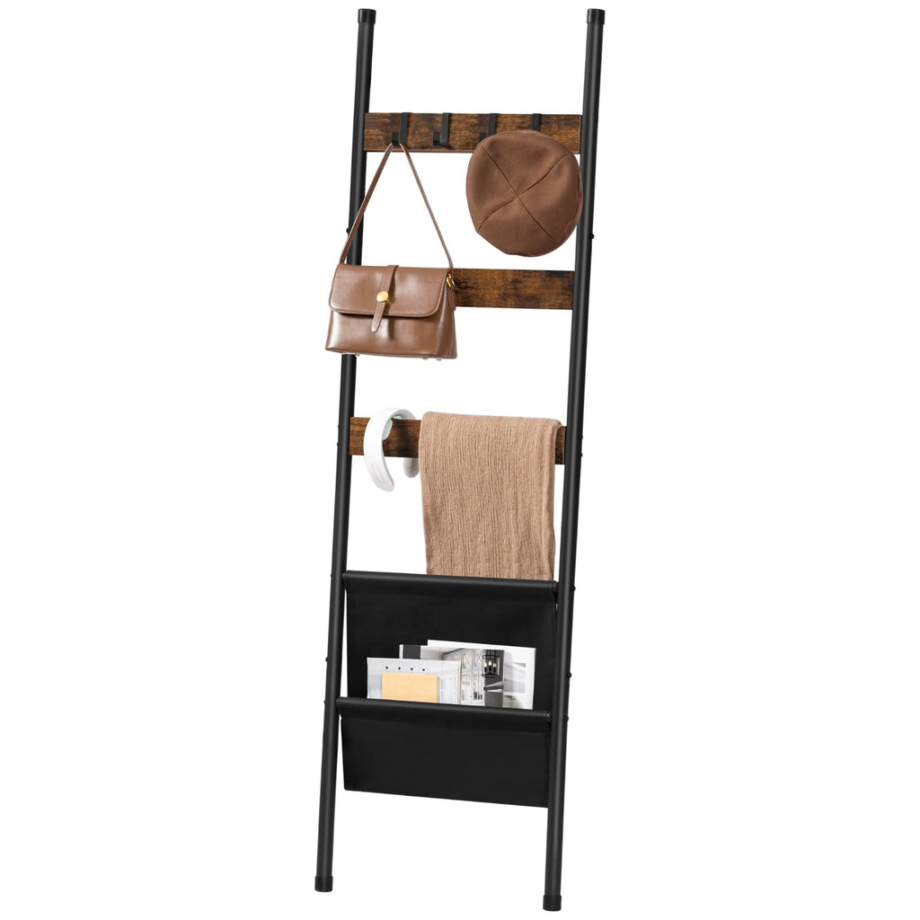 HOOBRO Blanket Ladder, 5 Tier Ladder Shelf, Wall-Leaning Blanket Rack with 4 Removable Hooks and Storage Pocket, Towel Drying and Display Rack for Bathroom, Bedroom, Rustic Brown BF32CJ01