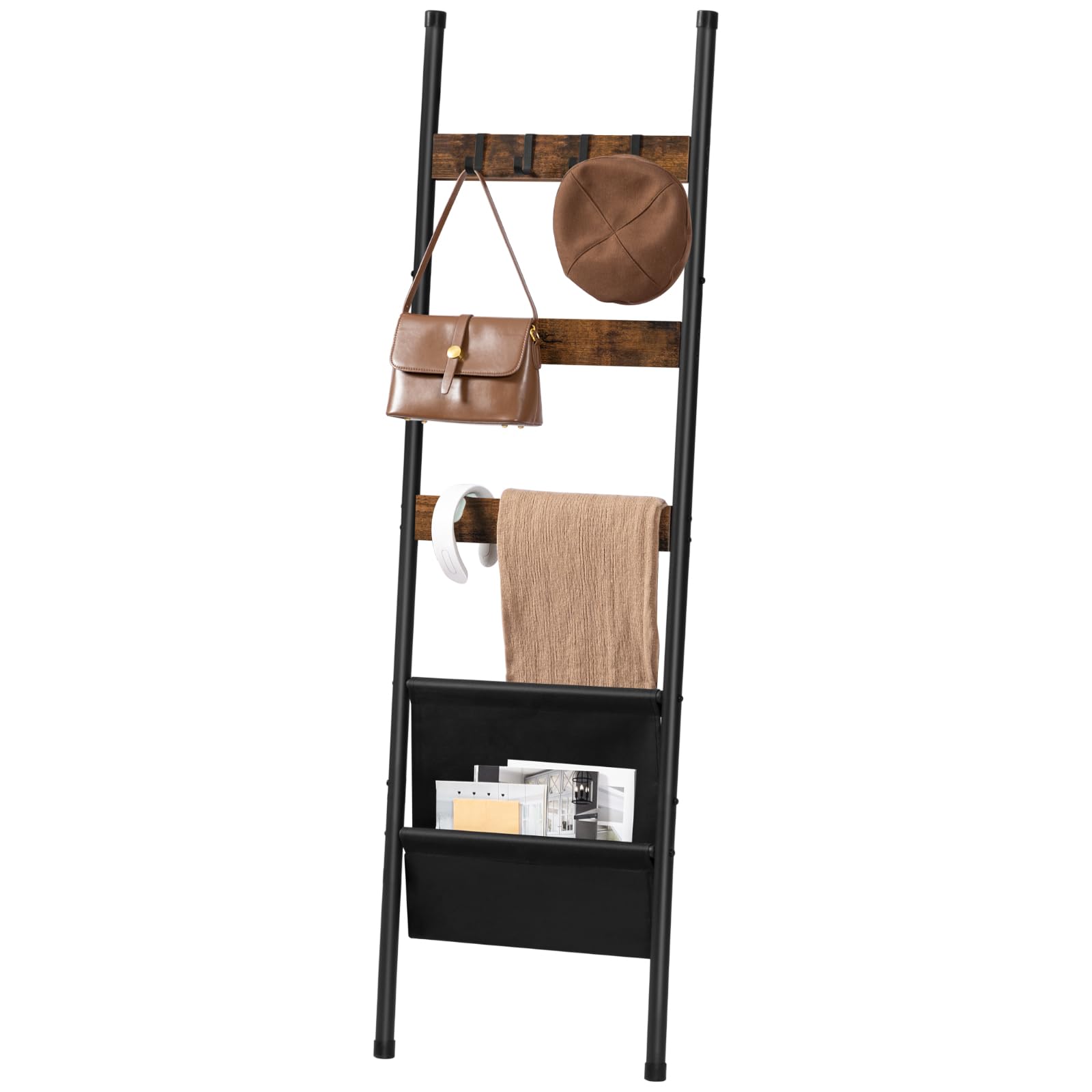 HOOBRO Blanket Ladder, 5 Tier Ladder Shelf, Wall-Leaning Blanket Rack with 4 Removable Hooks and Storage Pocket, Towel Drying and Display Rack for Bathroom, Bedroom, Rustic Brown BF32CJ01