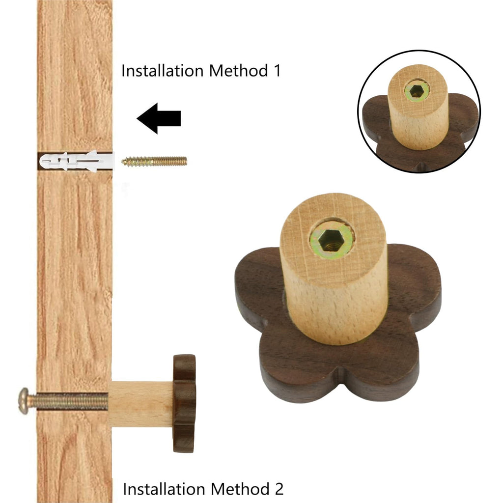 MOROBOR 6pcs Flower Shaped Wooden Cabinet Knobs, Single Hole Walnut Wood Handles Nursery Pulls for Chest of Drawers with Screws & Expansion Tube