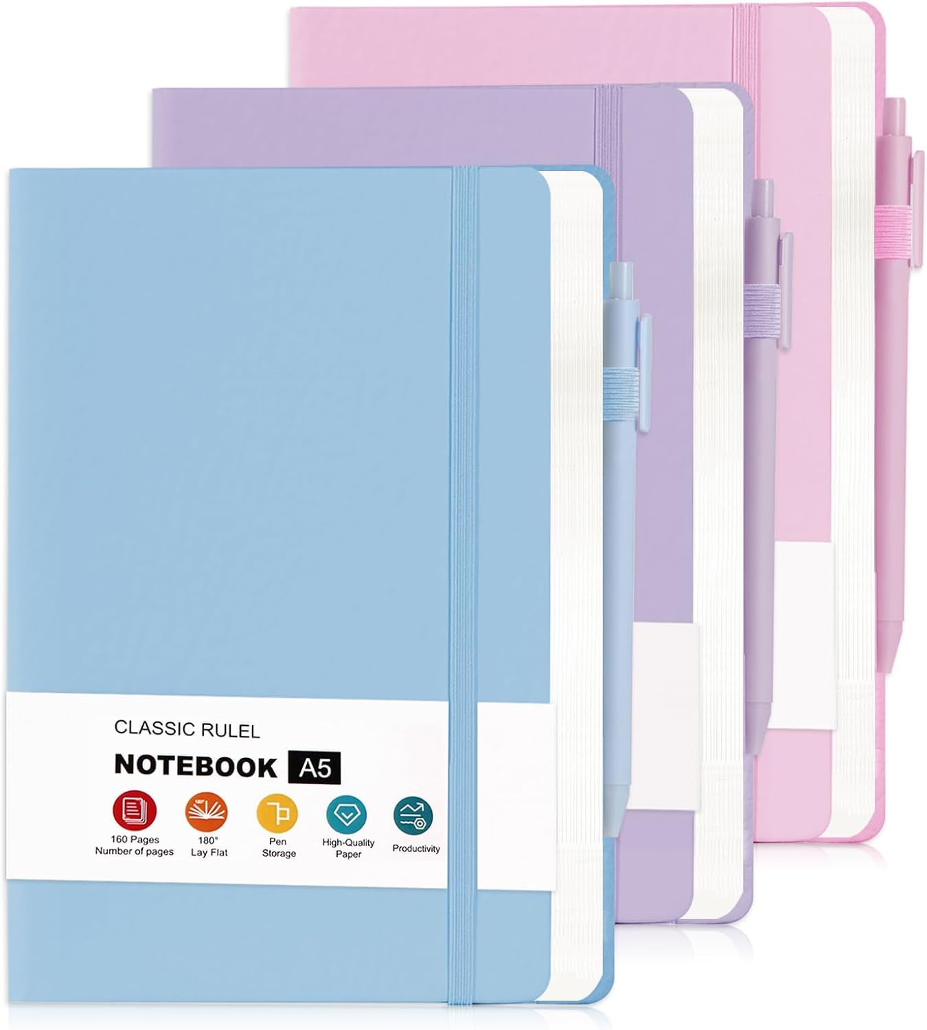 3 Pack Leather Notebook Set with 3 Pens, A5 College Ruled Notebook,480 Pages Hardcover Notebook,Diary Journal for Office, School, Writing(3 Colors 20.8cm x14.5cm)